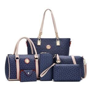 1459 6 Pcs Handbag Tote Stitching Shoulder Bag PU Top Handle Hobo Satchel